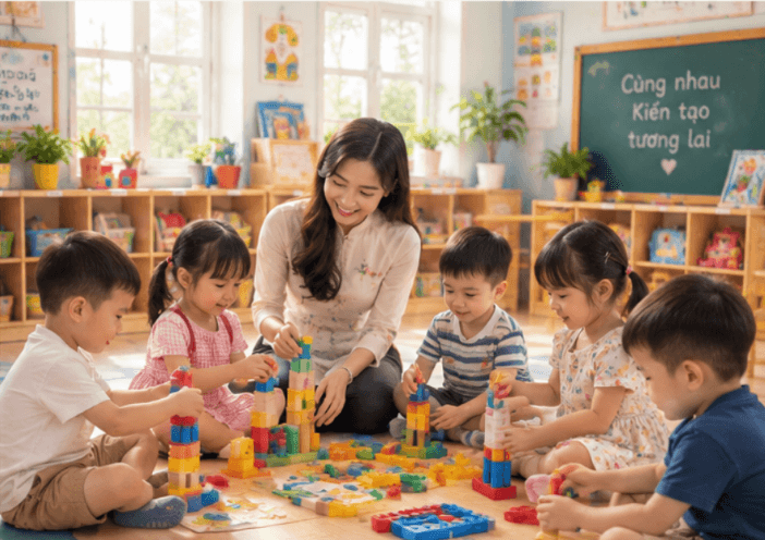 Cô giáo cùng các bé chơi xếp hình trong lớp
